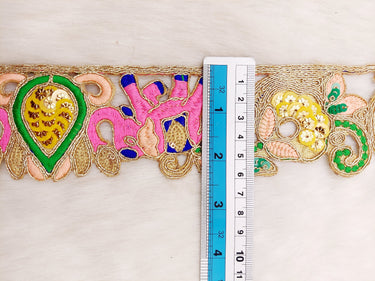 Cutwork Lace Trim With Intricate Hand Embroidered Elephants In Pink and Zardozi Embroidery, Floral Trims, Sari Border